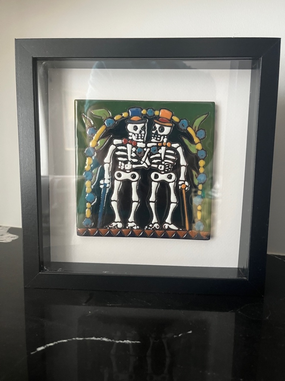 Framed Day of the Dead Skeleton Couple Ceramic Tile - Green Yellow Blue Black
